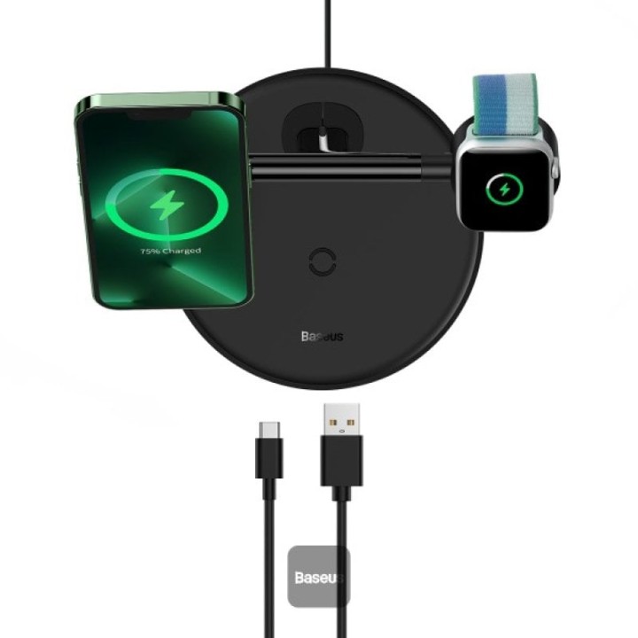 Baseus Swan 3 en 1 Soporte Cargador Inalámbrico MagSafe 20W Negro para iPhone/Watch