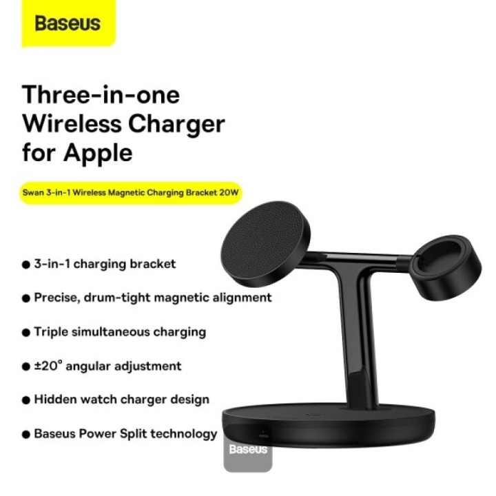 Baseus Swan 3 en 1 Soporte Cargador Inalámbrico MagSafe 20W Negro para iPhone/Watch