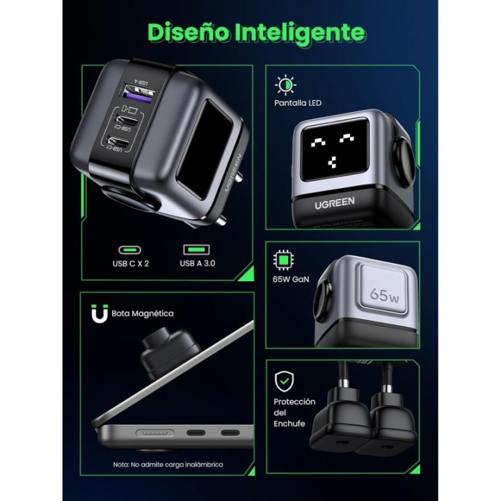 UGREEN Uno Cargador Rápido 65W GaN de 2 Puertos USB-C + 1 Puerto USB-A con Pantalla LED Negro