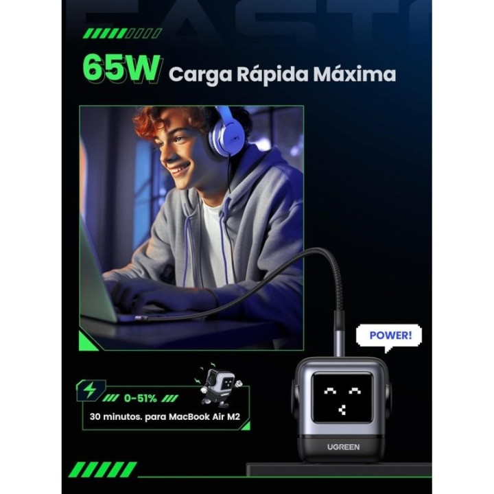 UGREEN Uno Cargador Rápido 65W GaN de 2 Puertos USB-C + 1 Puerto USB-A con Pantalla LED Negro