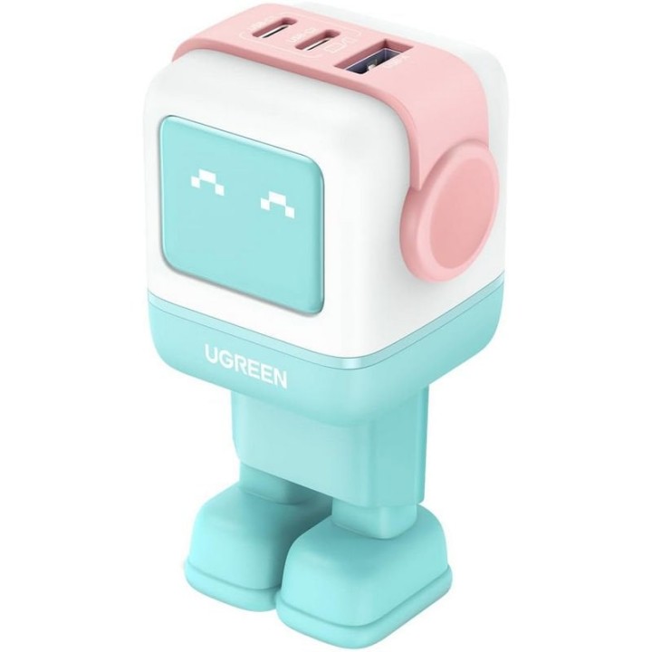 Ugreen Uno Cargador Rápido 65W GaN de 2 Puertos USB-C + 1 Puerto USB-A con Pantalla LED Azul/Rosa