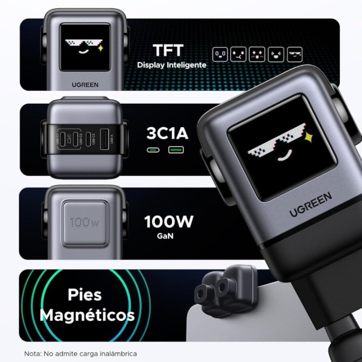 Ugreen Uno Cargador Rápido Robot 100W GaN de 3 Puertos USB-C + 1 Puerto USB-A con Pantalla LED Negro