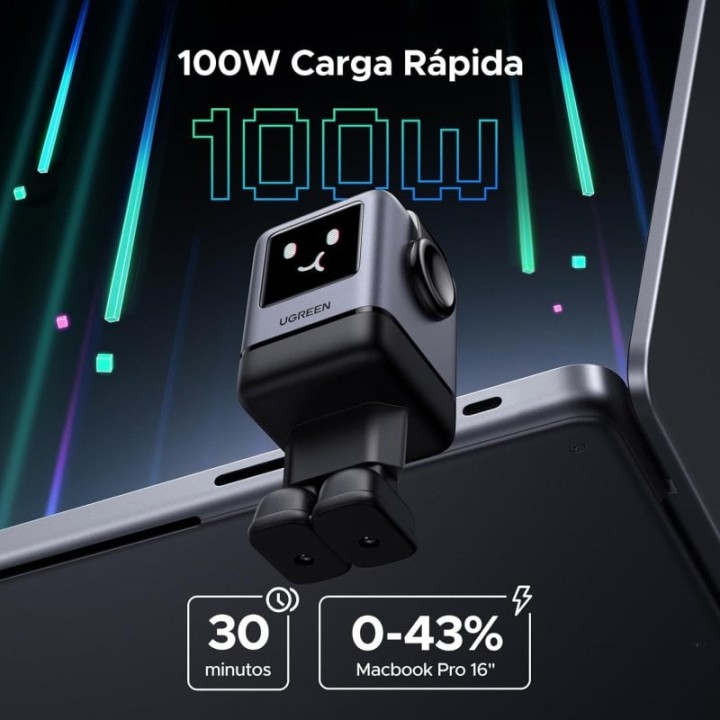 Ugreen Uno Cargador Rápido Robot 100W GaN de 3 Puertos USB-C + 1 Puerto USB-A con Pantalla LED Negro
