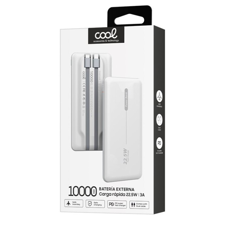 Cool Batería Externa Universal Power Bank 10.000mAh PD 22.5W (2 Cables) Blanco