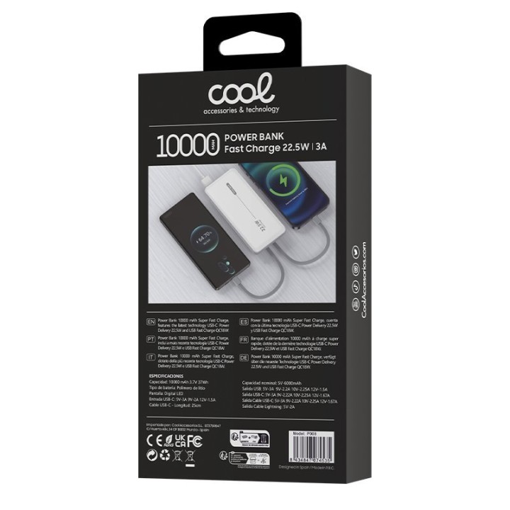Cool Batería Externa Universal Power Bank 10.000mAh PD 22.5W (2 Cables) Blanco