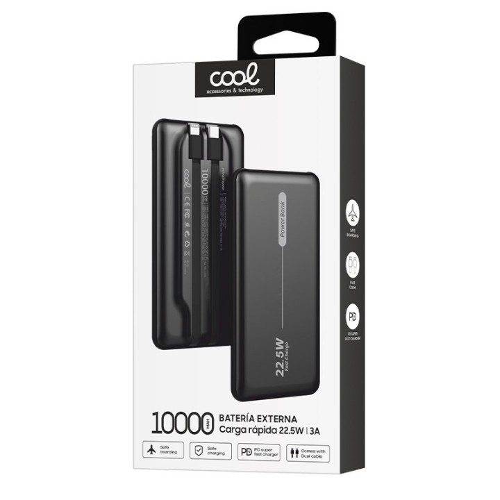 Cool Batería Externa Universal Power Bank 10.000mAh PD 22.5W (2 Cables) Negro