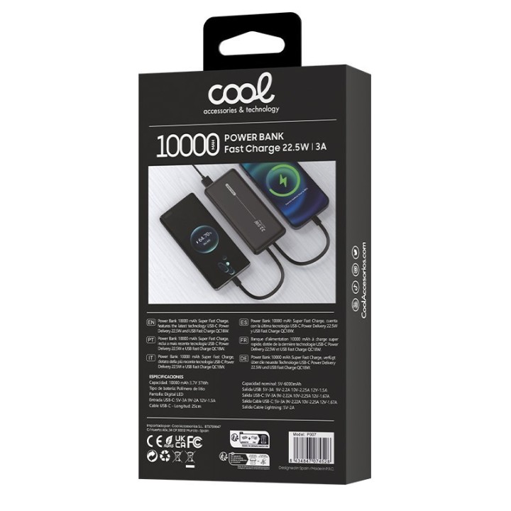 Cool Batería Externa Universal Power Bank 10.000mAh PD 22.5W (2 Cables) Negro