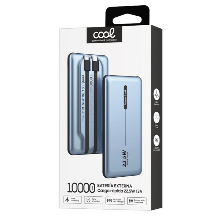Cool Batería Externa Universal Power Bank 10.000mAh PD 22.5W (2 Cables) Azul