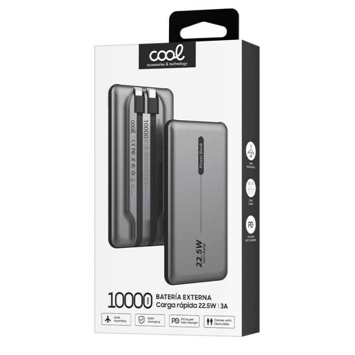 Cool Batería Externa Universal Power Bank 10.000mAh PD 22.5W (2 Cables) Gris
