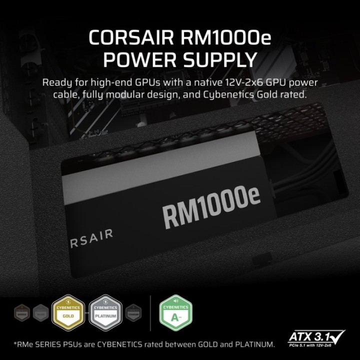 Corsair RMe Series RM1000e ATX 3.1 PCIe 5.1 1000W Cybenetics 80 Plus Gold Modular