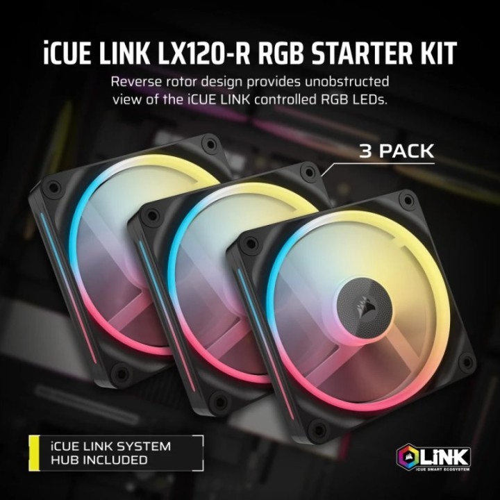 Corsair iCUE LINK LX120-R RGB Pack Triple Ventilador Suplementario PWM 120mm Negro