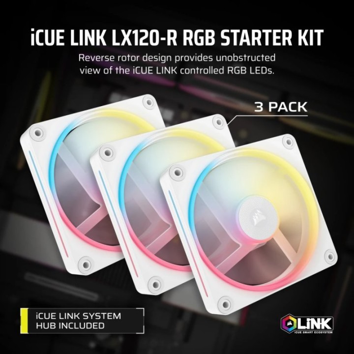 Corsair iCUE LINK LX120-R RGB Pack Triple Ventilador Suplementario PWM 120mm Blanco