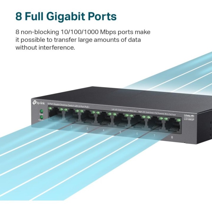 TP-Link LS108GP Switch 8 Puertos Gigabit PoE+ hasta 250 m de Transmisión