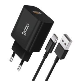 Cool Cargador de Red Universal con Conector USB Tipo C 12W 5V 2.4A Negro + Cable USB-A a USB-C