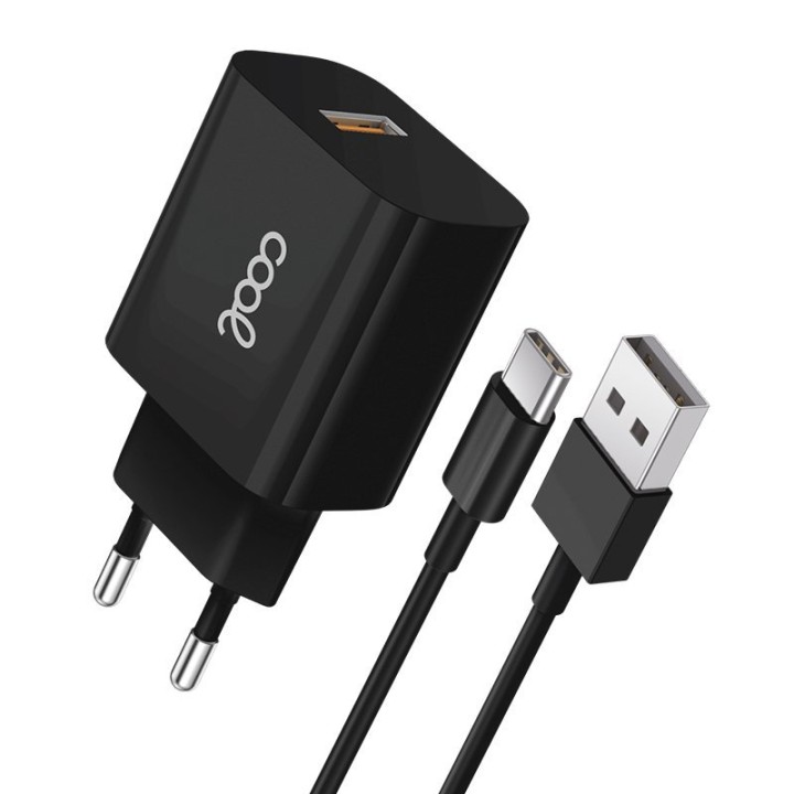 Cool Cargador de Red Universal con Conector USB Tipo C 12W 5V 2.4A Negro + Cable USB-A a USB-C