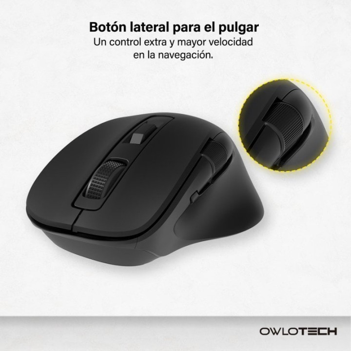 Owlotech M320 Ratón con Rueda Lateral Wireless 2.4GHz/Bluetooth Clics Silenciosos Negro