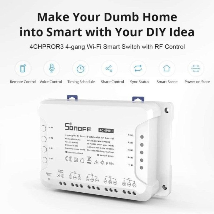 Sonoff 4CH Pro R3 Módulo de 4 Interruptores Inteligentes WiFi Blanco