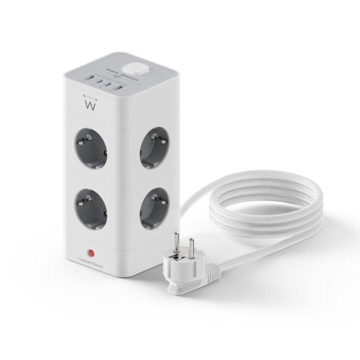 Ewent EW3864 Regleta en Bloque 8 Tomas Shucko + 2x USB-A + 2x USB-C 5V/3A PD/QC 3.0 Blanca