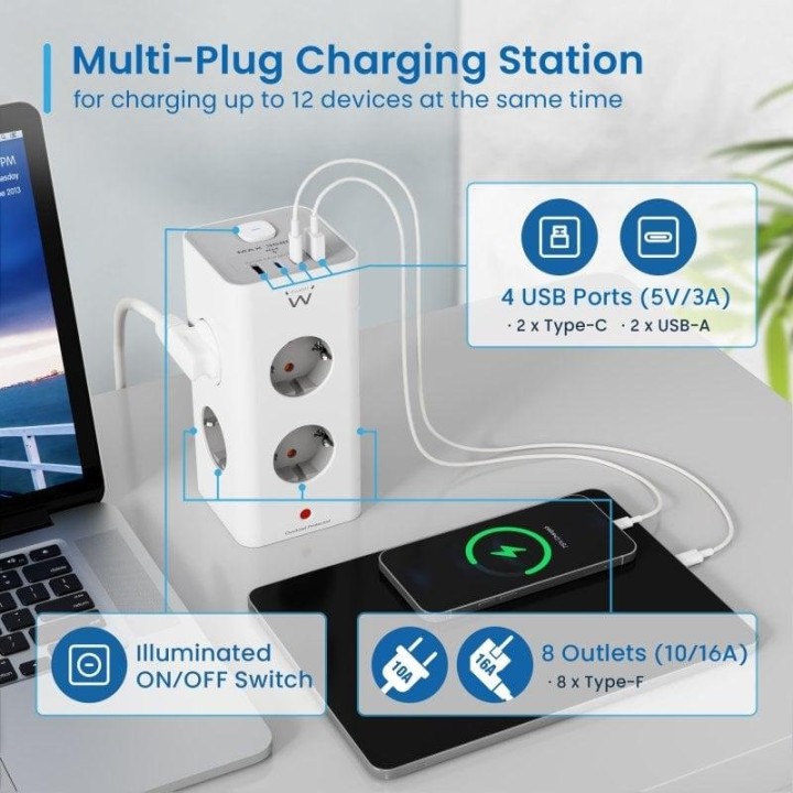 Ewent EW3864 Regleta en Bloque 8 Tomas Shucko + 2x USB-A + 2x USB-C 5V/3A PD/QC 3.0 Blanca