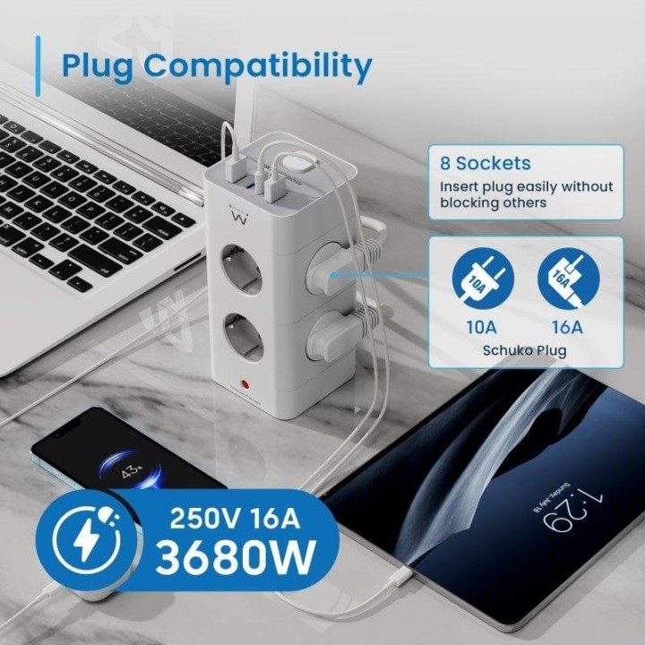 Ewent EW3864 Regleta en Bloque 8 Tomas Shucko + 2x USB-A + 2x USB-C 5V/3A PD/QC 3.0 Blanca