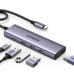 Ugreen 15596 HUB 5 en 1 USB-C a HDMI/3x USB 3.2/USB-C Gris