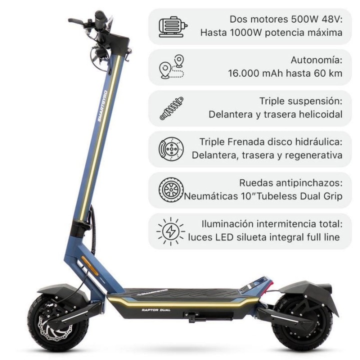 Smartgyro Raptor Dual Evo Patinete Eléctrico 2x1000W 60km 16000mAh Homologado DGT