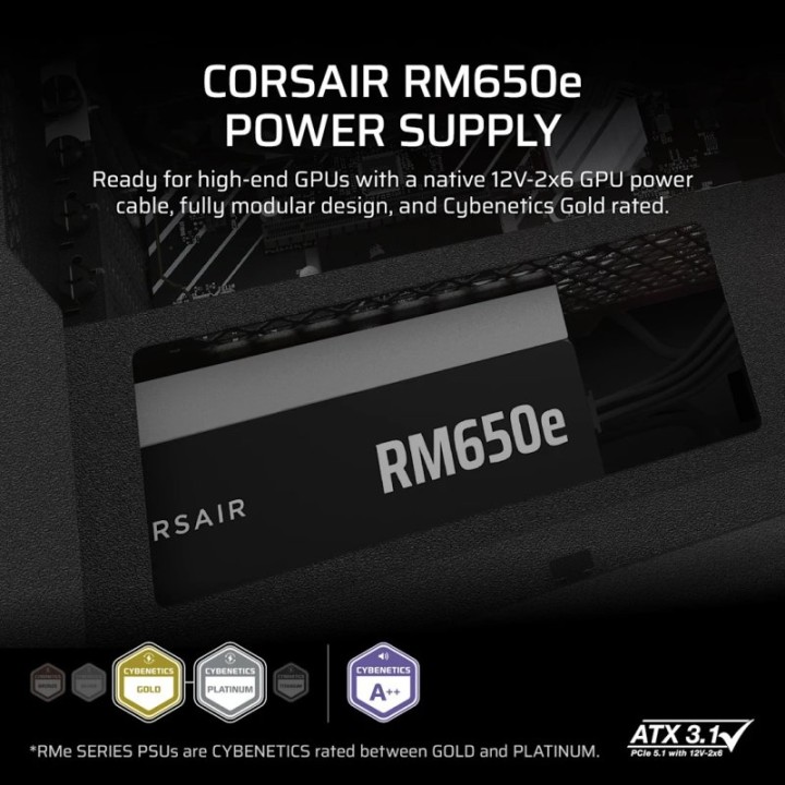 Corsair RMe Series RM650e ATX 3.1 PCIe 5.1 650W Cybenetics 80 Plus Gold Modular