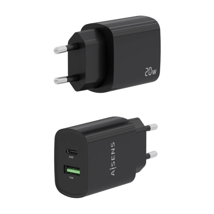 Aisens A110-0755 Cargador 20W 1xUSB-C PD3.0 1xUSB-A QC3.0 Negro