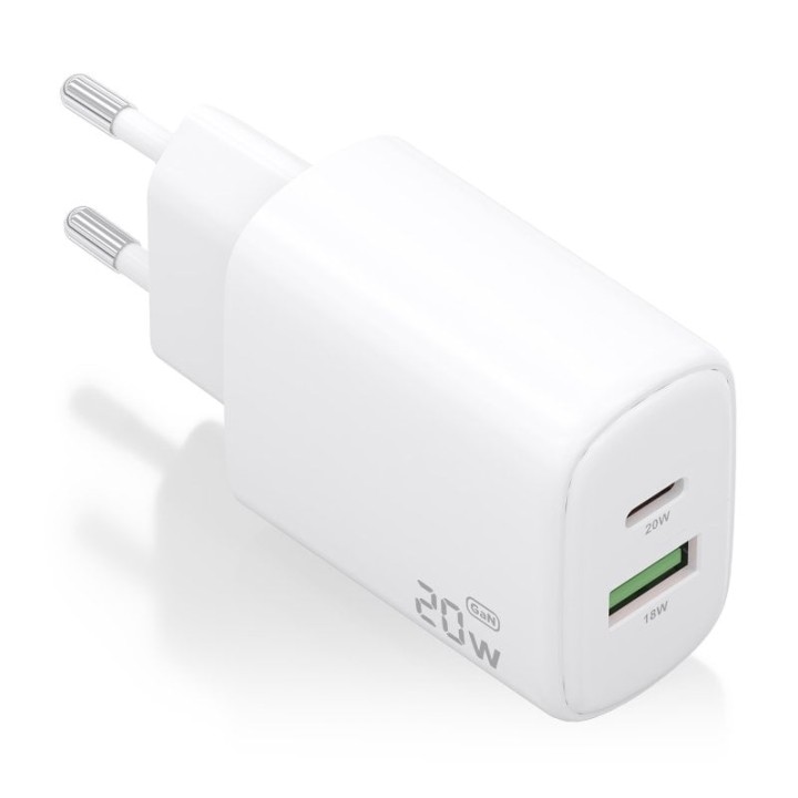 Aisens A110-0909 Cargador GaN 20W 1xUSB-C PD3.0 1xUSB-A QC3.0 Blanco