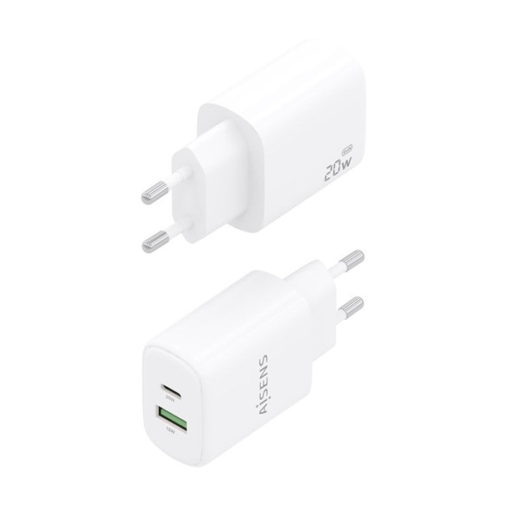 Aisens A110-0909 Cargador GaN 20W 1xUSB-C PD3.0 1xUSB-A QC3.0 Blanco