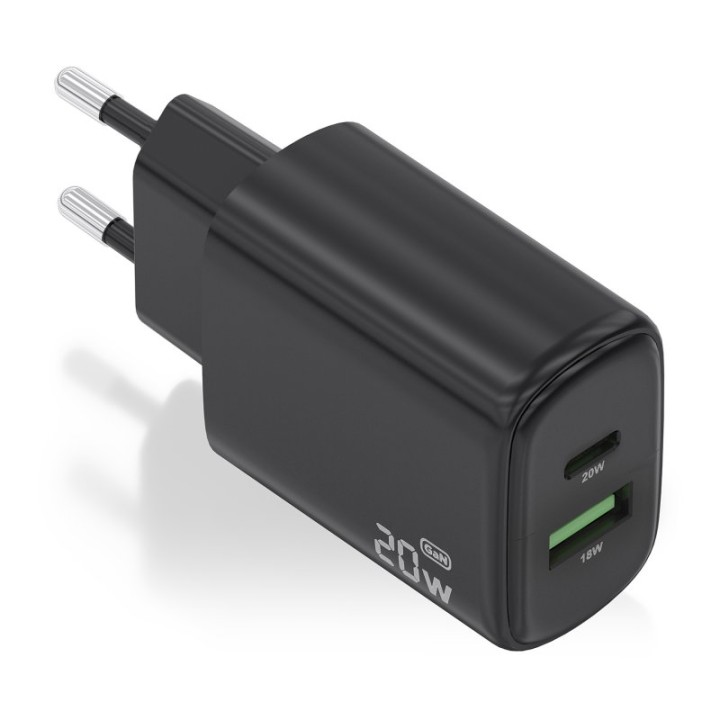 Aisens A110-0910 Cargador GaN 20W 1xUSB-C PD3.0 1xUSB-A QC3.0 Negro