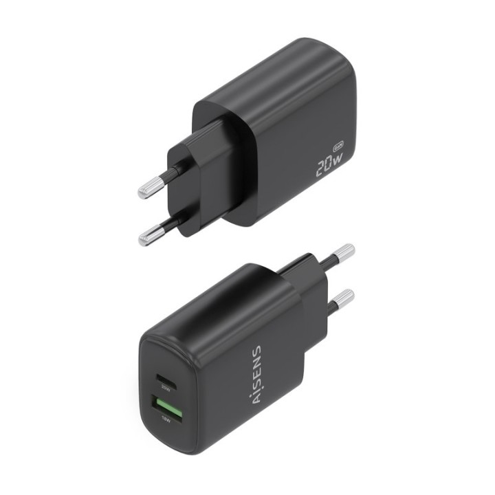 Aisens A110-0910 Cargador GaN 20W 1xUSB-C PD3.0 1xUSB-A QC3.0 Negro