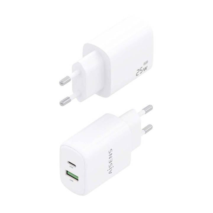 Aisens A110-0911 Cargador 25W 1xUSB-C PD3.0 1xUSB-A QC3.0 Blanco