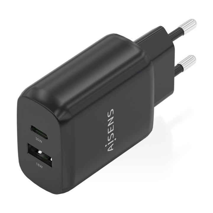 Aisens A110-0924 Cargador GaN 30W 1xUSB-C PD3.0 QC4.0 1xUSB-A QC3.0 Negro