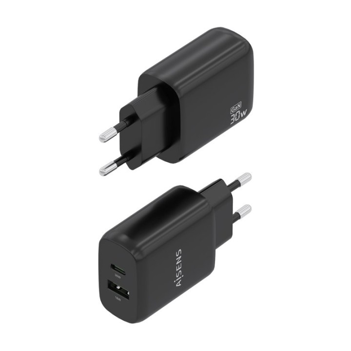 Aisens A110-0924 Cargador GaN 30W 1xUSB-C PD3.0 QC4.0 1xUSB-A QC3.0 Negro