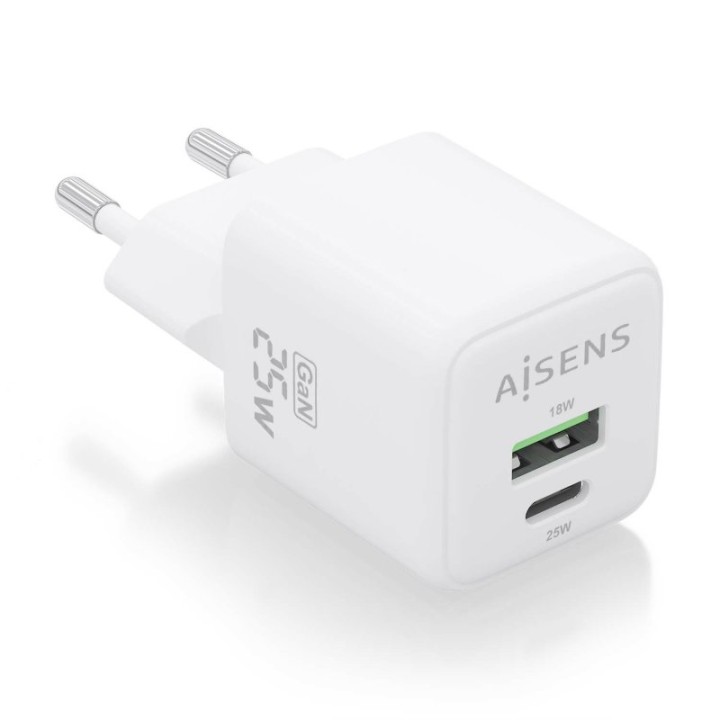Aisens ASCH-25W2P014-W Cargador GaN 25W 1xUSB-C PD3.0 QC4.0 1xUSB-A QC3.0 Blanco