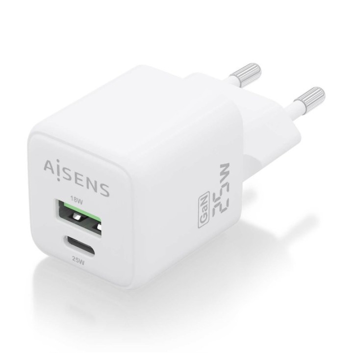 Aisens ASCH-25W2P014-W Cargador GaN 25W 1xUSB-C PD3.0 QC4.0 1xUSB-A QC3.0 Blanco