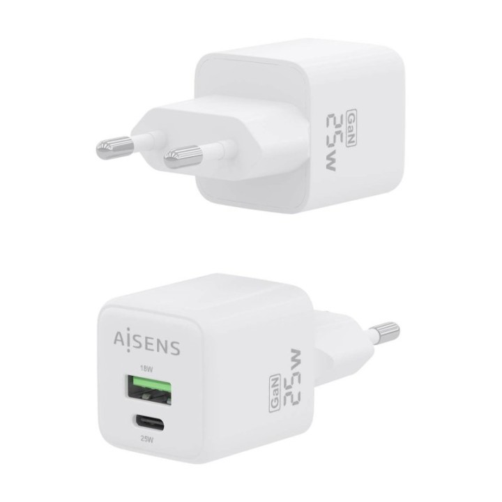 Aisens ASCH-25W2P014-W Cargador GaN 25W 1xUSB-C PD3.0 QC4.0 1xUSB-A QC3.0 Blanco