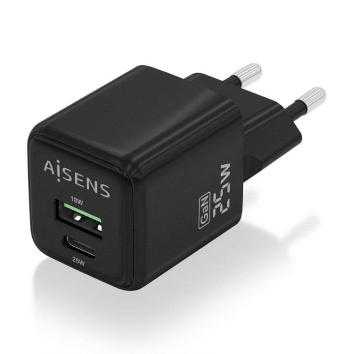 Aisens ASCH-25W2P015-BK Cargador GaN 25W 1xUSB-C PD3.0 QC4.0 1xUSB-A QC3.0 Negro