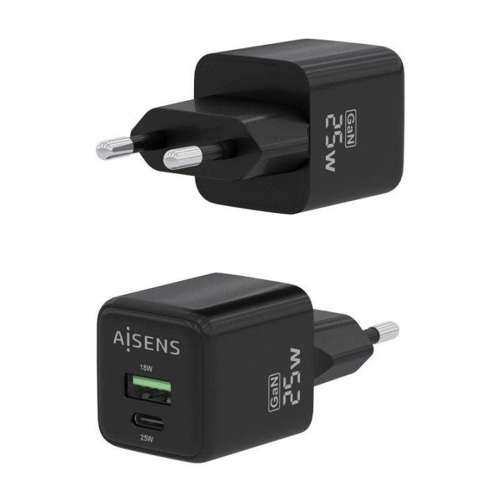 Aisens ASCH-25W2P015-BK Cargador GaN 25W 1xUSB-C PD3.0 QC4.0 1xUSB-A QC3.0 Negro