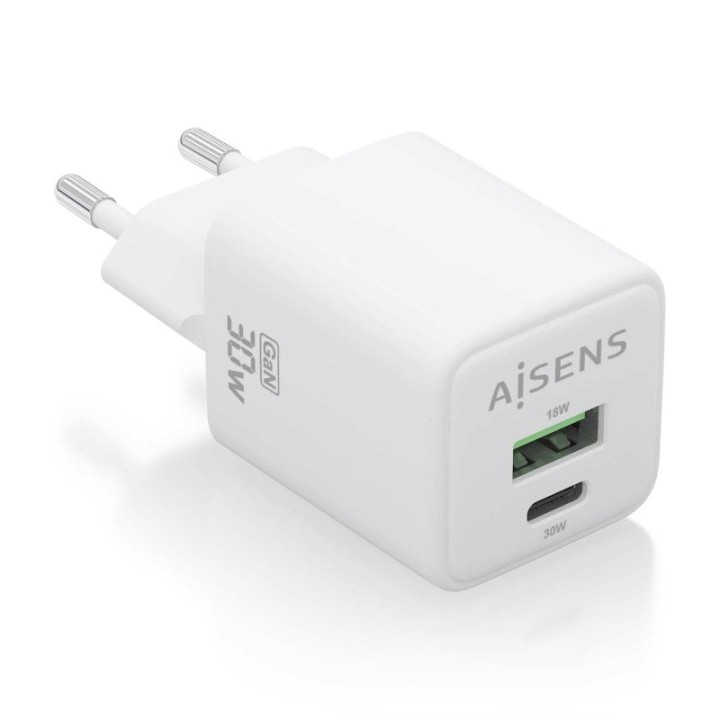 Aisens ASCH-30W2P037-W Cargador GaN 30W 1xUSB-C PD3.0 QC4.0 1xUSB-A QC3.0 Blanco