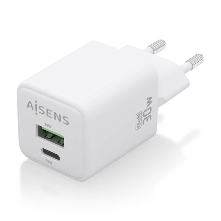 Aisens ASCH-30W2P037-W Cargador GaN 30W 1xUSB-C PD3.0 QC4.0 1xUSB-A QC3.0 Blanco