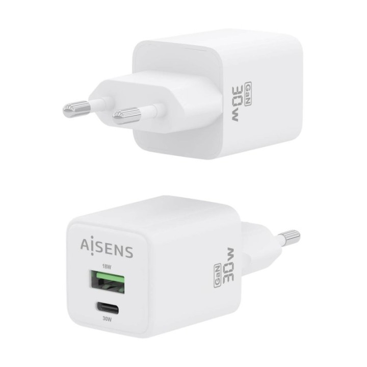 Aisens ASCH-30W2P037-W Cargador GaN 30W 1xUSB-C PD3.0 QC4.0 1xUSB-A QC3.0 Blanco