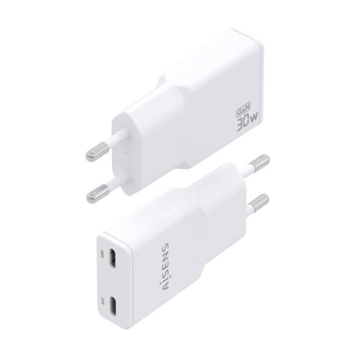 Aisens ASCH-30W2P048-W Cargador GaN Ultra Slim 30W 2xUSB-C PD3.0 QC4.0 Blanco