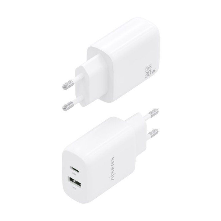 Aisens A110-0923 Cargador GaN 30W 1xUSB-C PD3.0 QC4.0 1xUSB-A QC3.0 Blanco