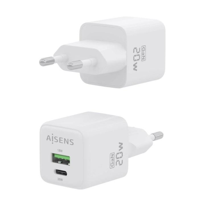 Aisens ASCH-20W2P010-W Cargador GaN 20W 1xUSB-C PD3.0 QC4.0 1xUSB-A QC3.0 Blanco