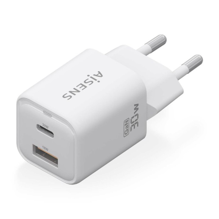 Aisens ASCH-30W2P020-W Cargador GaN 30W 1xUSB-C PD3.0 QC4.0 1xUSB-A QC3.0 Blanco