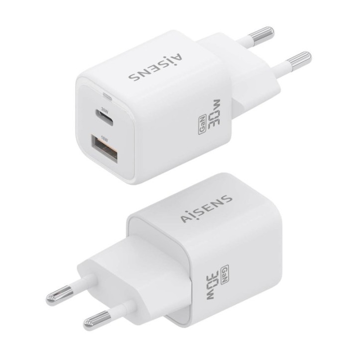 Aisens ASCH-30W2P020-W Cargador GaN 30W 1xUSB-C PD3.0 QC4.0 1xUSB-A QC3.0 Blanco