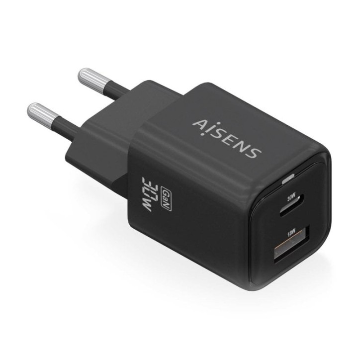Aisens ASCH-30W2P021-BK Cargador GaN 30W 1xUSB-C PD3.0 QC4.0 1xUSB-A QC3.0 Negro