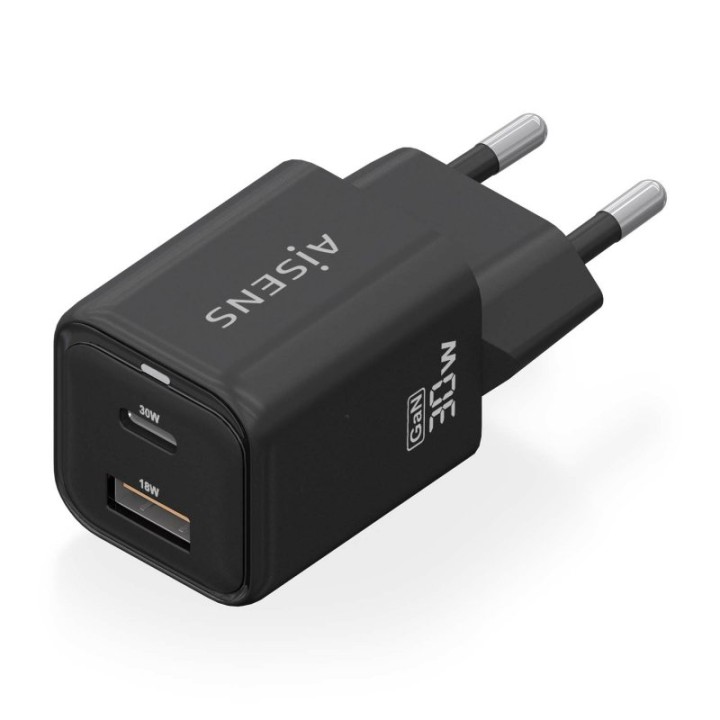 Aisens ASCH-30W2P021-BK Cargador GaN 30W 1xUSB-C PD3.0 QC4.0 1xUSB-A QC3.0 Negro
